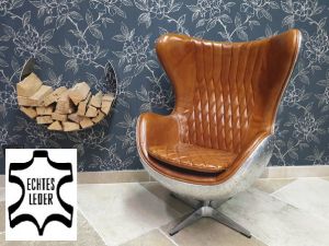 Vintage Design Schalensessel Aluminium Echtleder mit Wippfunktion Eierstuhl egg chair hellbraun