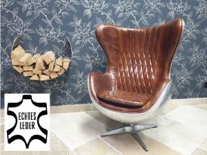 Vintage Design Schalensessel Aluminium Echtleder mit Wippfunktion Eierstuhl egg chair dunkelbraun