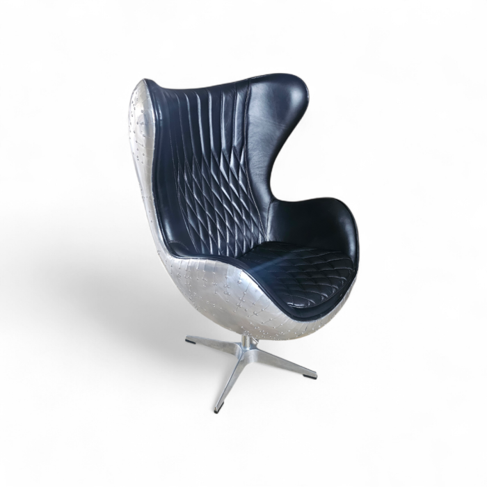 Vintage Design Schalensessel Aluminium Echtleder mit Wippfunktion schwarz, Clubsessel, Lounge Sessel