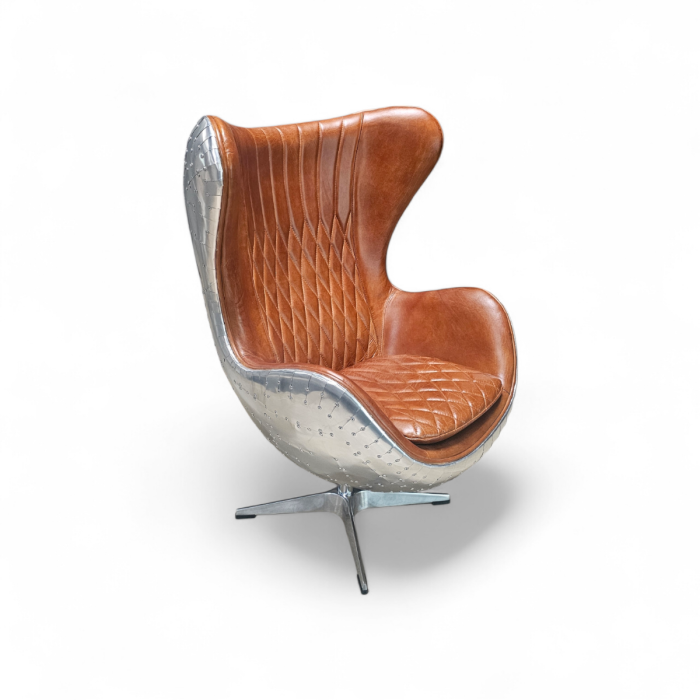 Vintage Design Schalensessel Aluminium Echtleder mit Wippfunktion hellbraun Clubsessel, Lounge Sessel