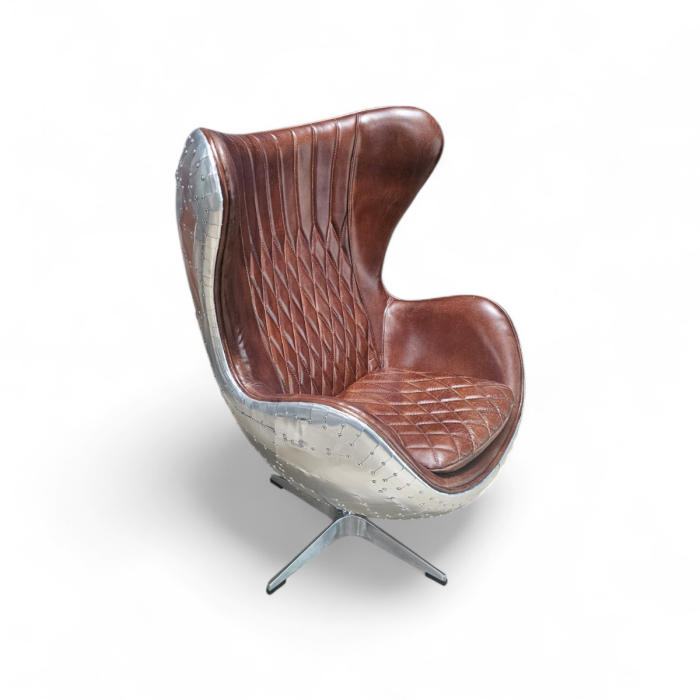 Vintage Design Schalensessel Aluminium Echtleder mit Wippfunktion dunkelbraun, Clubsessel, Lounge Sessel