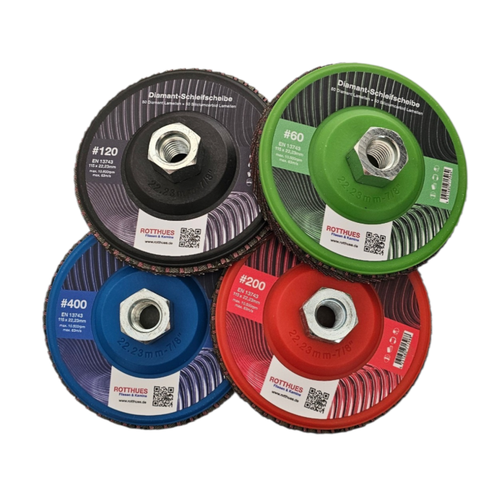 Diamant-Schleifscheiben Set #60, #120, #200, #400 – für Fliesen, Keramik, Naturstein, Feinsteinzeug, Beton - Lamellenscheibe (100 Lamellen) 