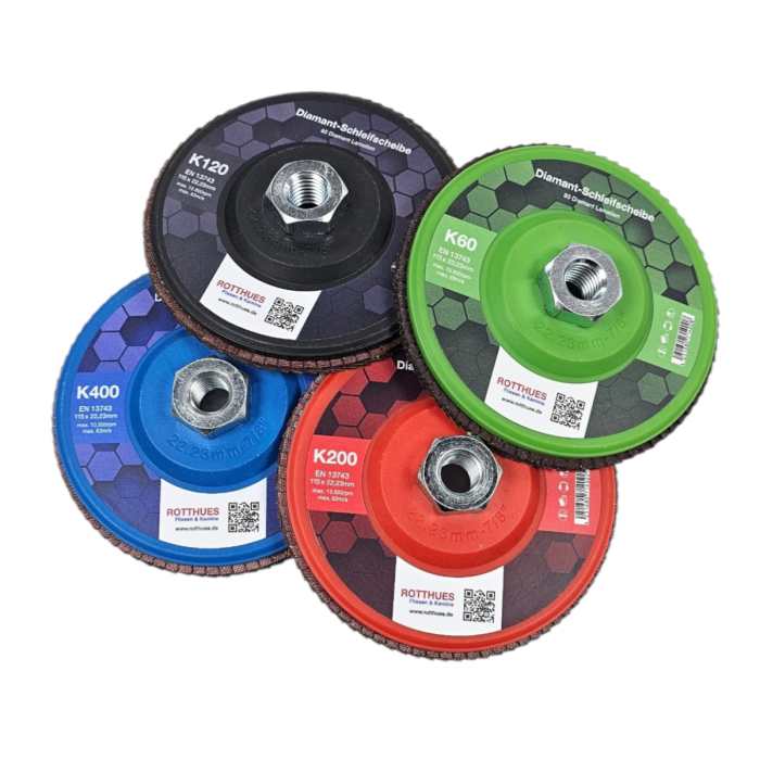 Diamant-Schleifscheiben Set - K60, K120, K200, K400 | Lamellenscheibe (80 Diamant-Lamellen) – für Fliesen, Keramik, Naturstein, Feinsteinzeug, Beton