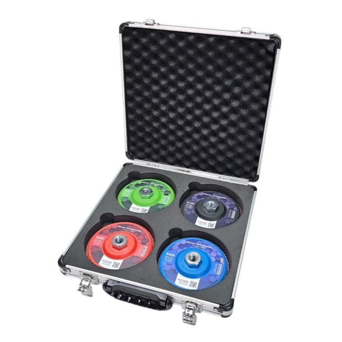 Diamant-Schleifscheiben Set im Koffer - K60, K120, K200, K400 | Lamellenscheibe (80 Diamant-Lamellen) – für Fliesen, Keramik, Naturstein, Feinsteinzeug, Beton