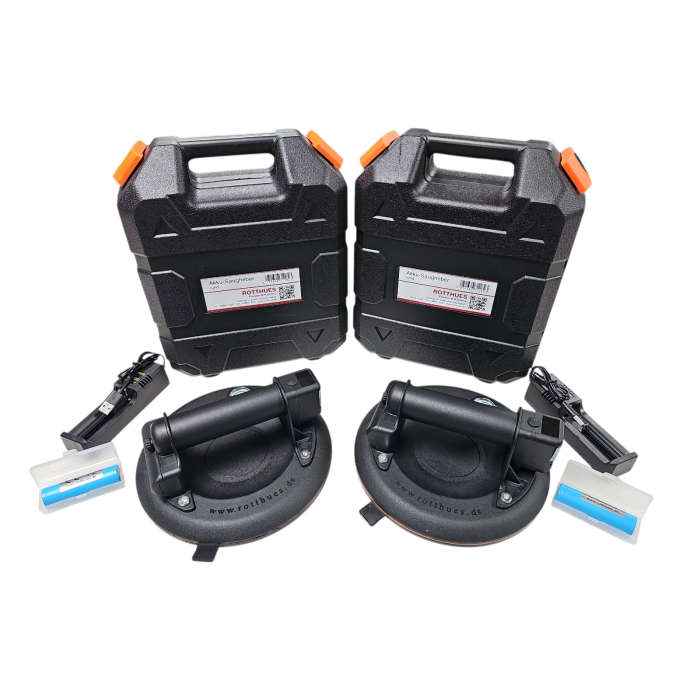 BLACK DEAL - 2er Set Akku-Vakuum Saugheber rund bis 190 kg Tragkraft, mit Akku und Koffer, selbst nachsaugend