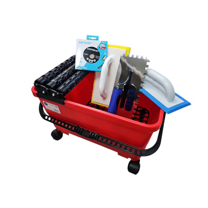 Fliesen-Wascheimer-Set-2  24 Liter,  3-fach Rollenaufsatz mit Fugbrett, Schwammbrett, Diamtscheibe & Edelstahl-Zahnkelle 10mm